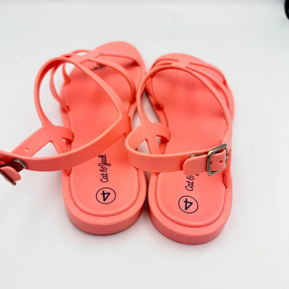 Cat & Jack Girls Coral Pink Jelly Gladiator Sandals Size 4 Big Kids Buckle Strap